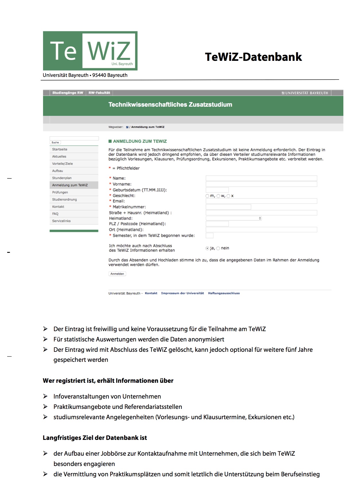 Übersicht Datenbank TeWiZ Universität Bayreuth